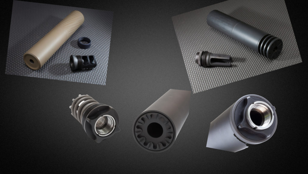 Picture of silencer mounts. Tri-lug, QD, Direct thread, Piston mount for pistols