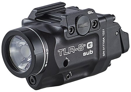 Streamlight 69431 TLR-8 Sub w/Laser Green Laser 500 Lumens 640-660nM Wavelength, Black 141 Meters Beam Distance, Fits Glock 43x/43x w/Rail/48/48x w/Rail Handgun Rail Clamp Mount