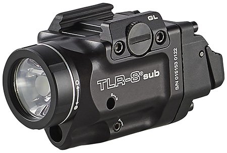Streamlight 69411 TLR-8 Sub w/Laser Red Laser 500 Lumens, 640-660nM Wavelength, Black 141 Meters Beam Distance, Fits Glock 43x/43x w/Rail/48/48x w/Rail Handgun Rail Clamp Mount