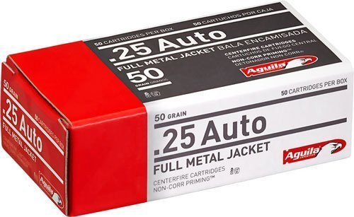 Aguila 25 ACP 50-grain FMJ ammunition box 50 rounds