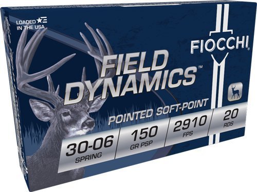 Fiocchi 30-06 Springfield 150-grain Pointed Soft Point (PSP) ammunition box, 20 rounds