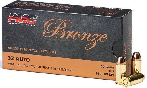 PMC Bronze 32 ACP 60-grain Jacketed Hollow Point (JHP) ammunition