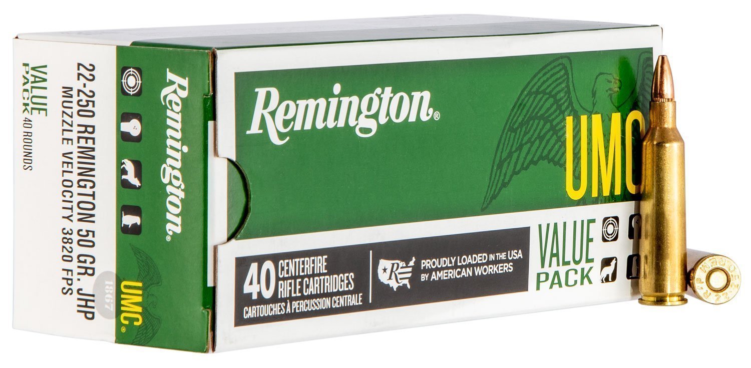 Remington UMC 22-250 Remington 50-grain Jacketed Hollow Point (JHP) ammunition