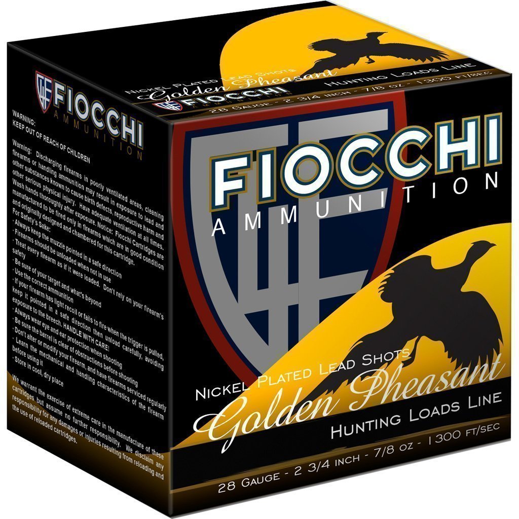 Fiocchi Golden Pheasant 28 Gauge 2.75in 7/8oz #6 nickel-plated lead shot ammunition