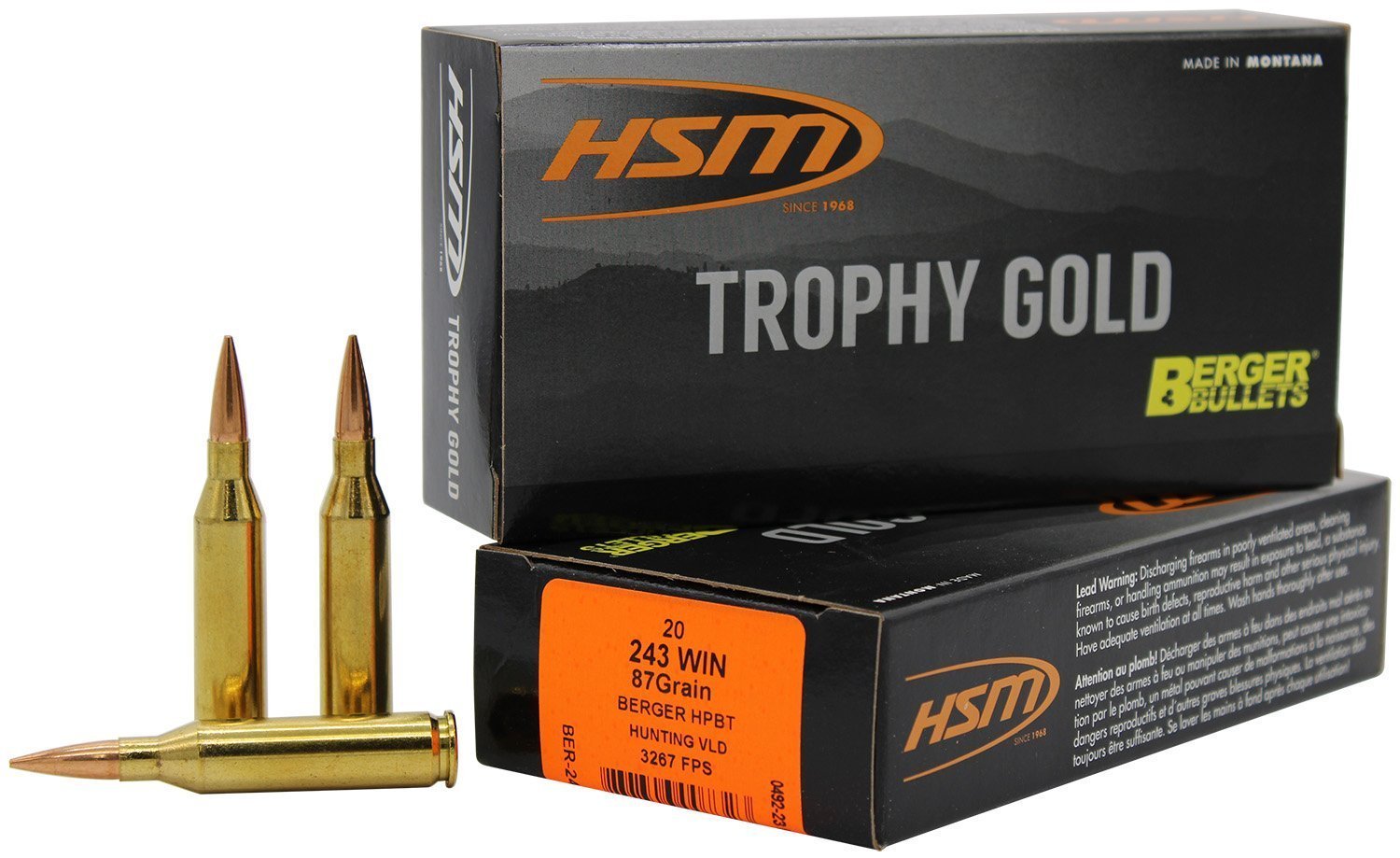 HSM Trophy Gold Extended Range .243 Winchester 87-grain Berger Hybrid Tactical Open Tip Match ammunition