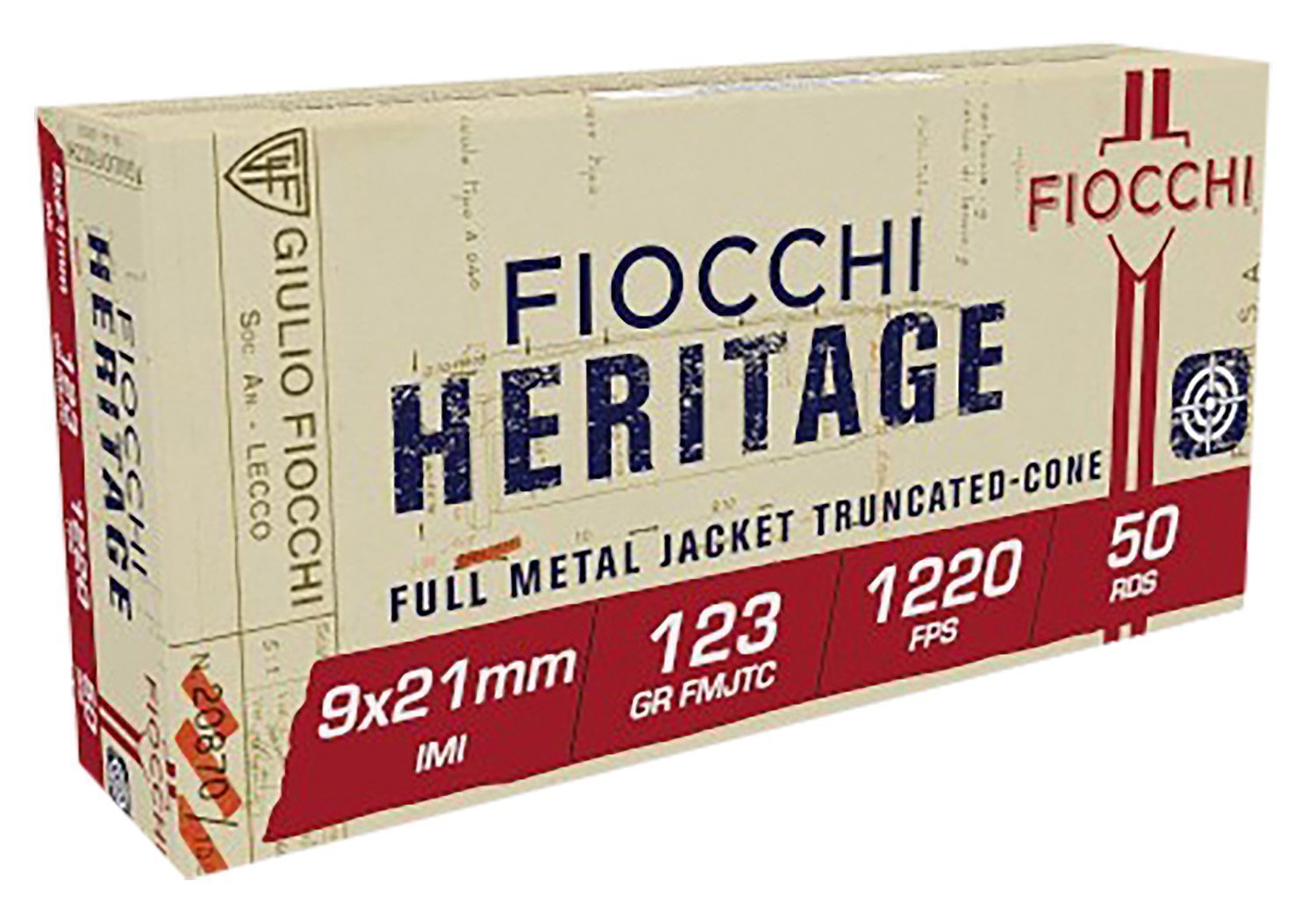 Fiocchi Heritage 9x21mm IMI 123-grain Full Metal Jacket Truncated Cone ammunition