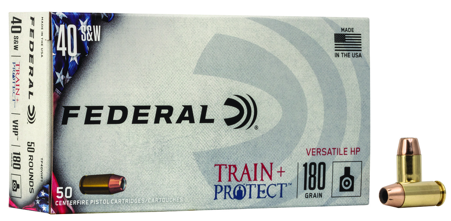 Federal Train + Protect .40 S&W 180-grain Versatile Hollow Point ammunition box