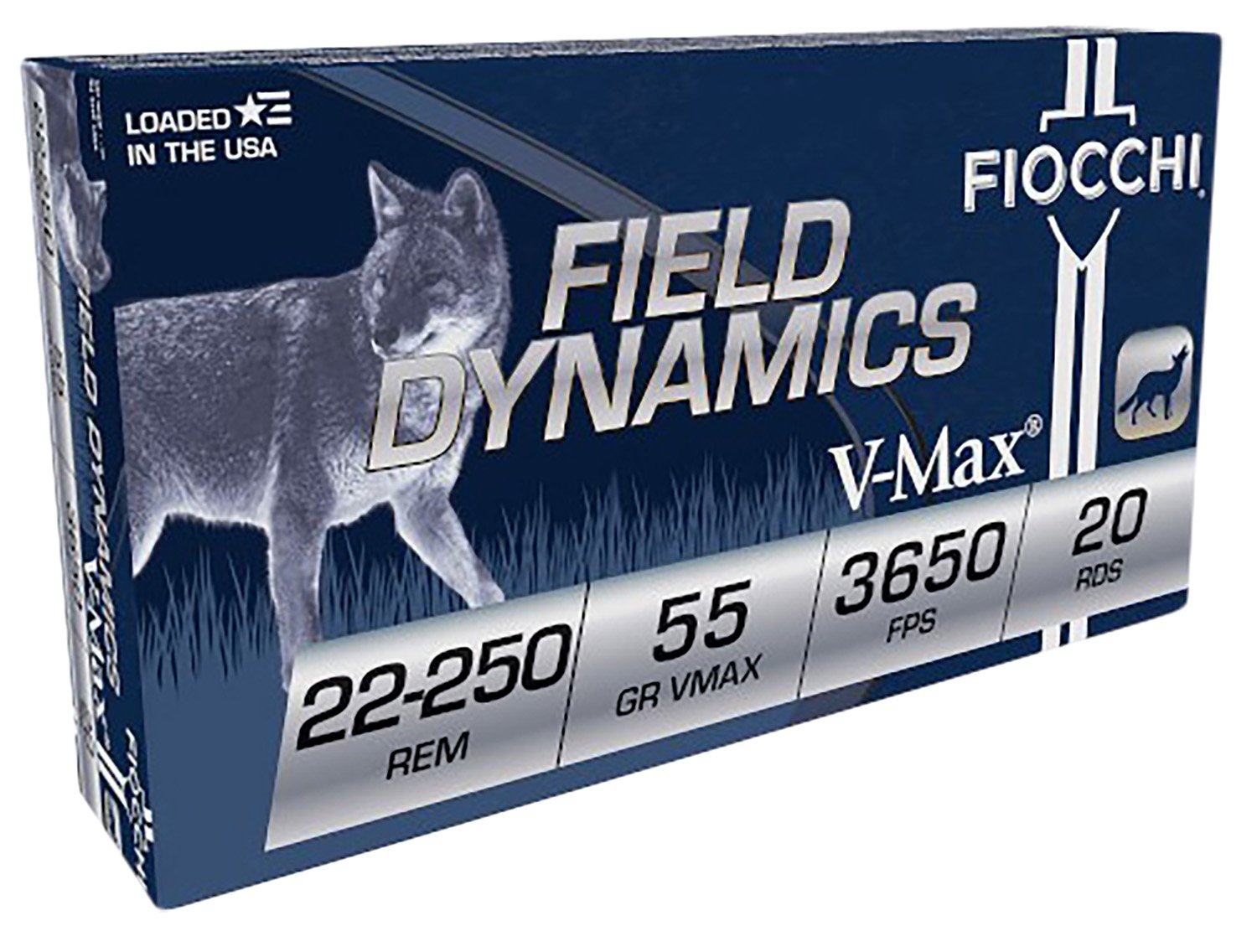 Fiocchi 22-250 Remington 55-grain Hornady V-Max ammunition 20-round box