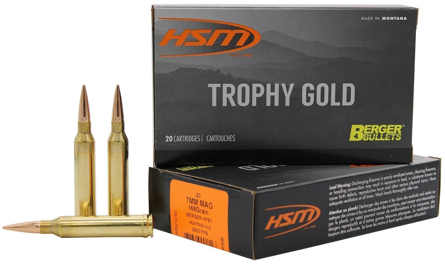 HSM Trophy Gold 7mm Remington Magnum 168-grain Berger VLD Jacketed Hollow Point ammunition