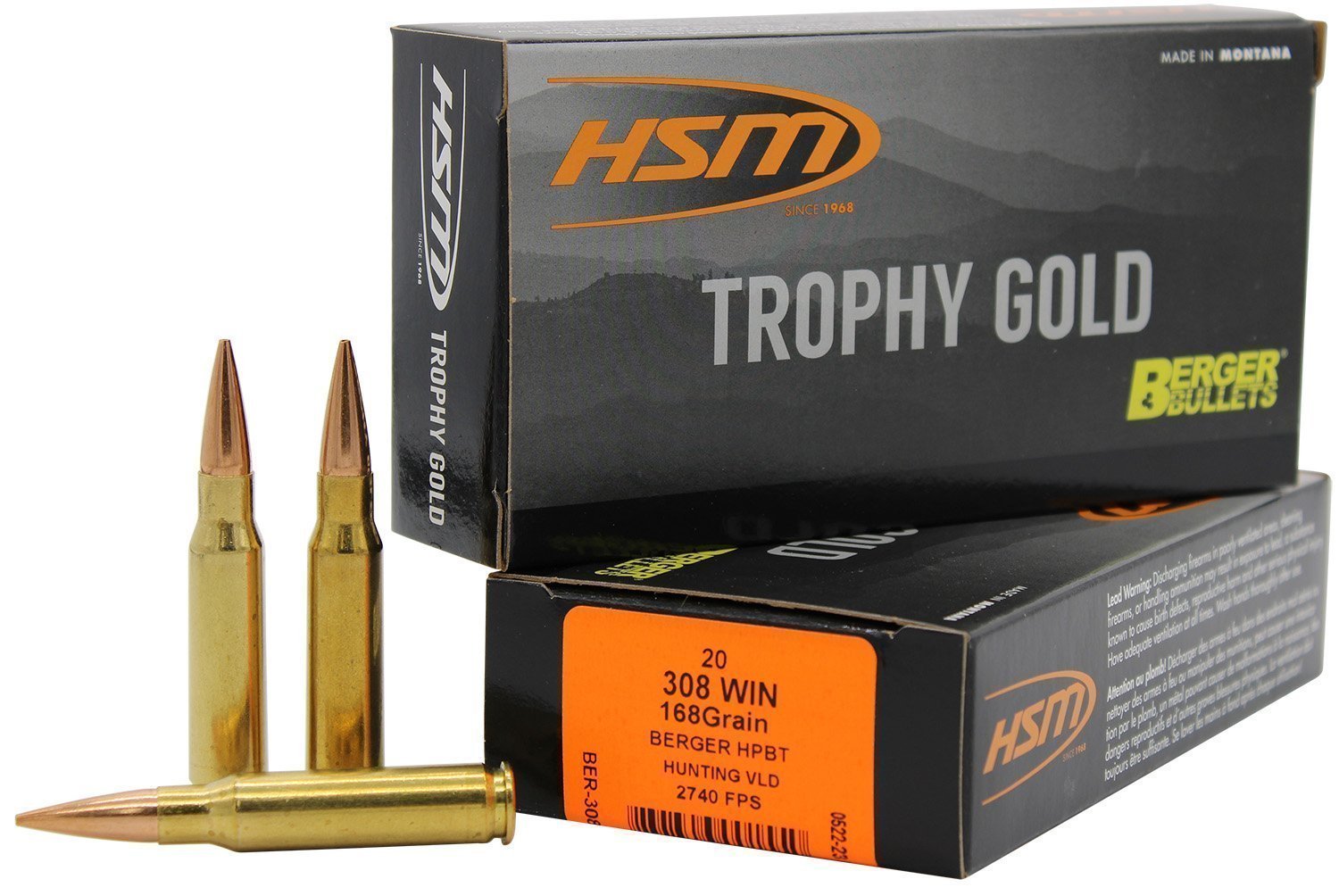 HSM Trophy Gold .308 Win 168-grain Berger Hunting VLD ammunition