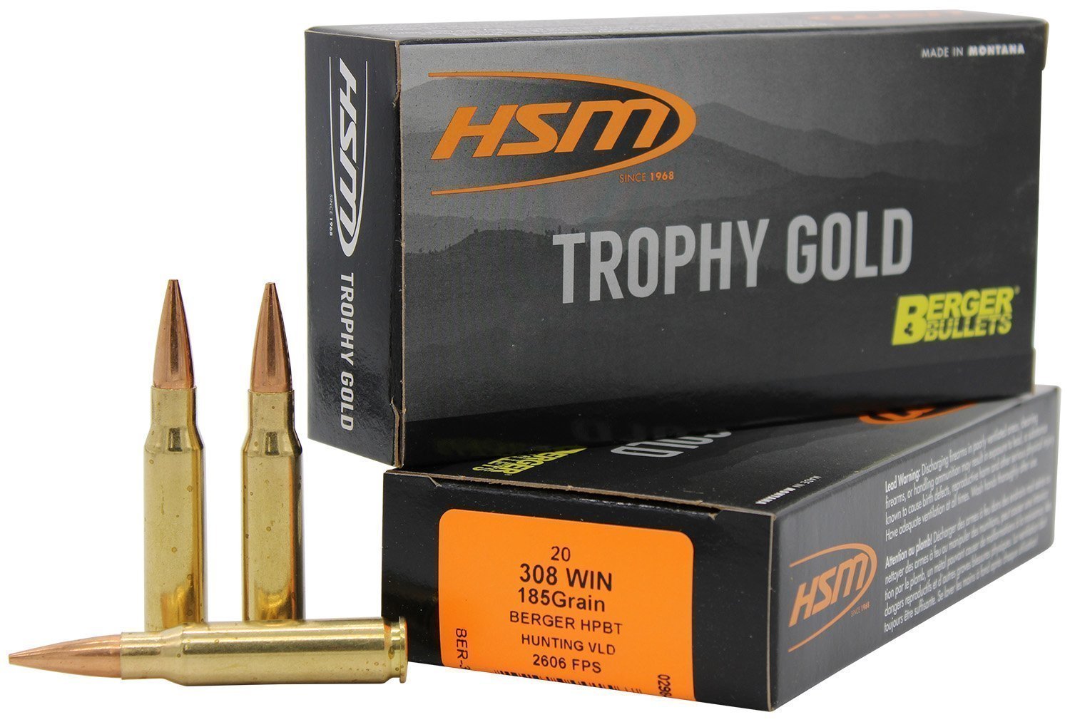 HSM Trophy Gold .308 / 7.62 NATO 185 gr Berger Hunting VLD Match ammunition