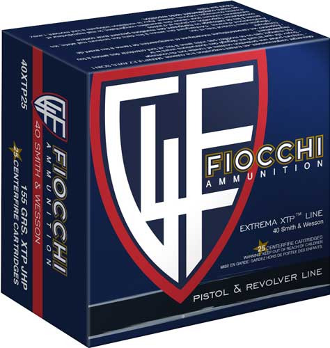 Fiocchi 40 S&W 155-grain XTP Jacketed Hollow Point (JHP) ammunition box of 25 rounds
