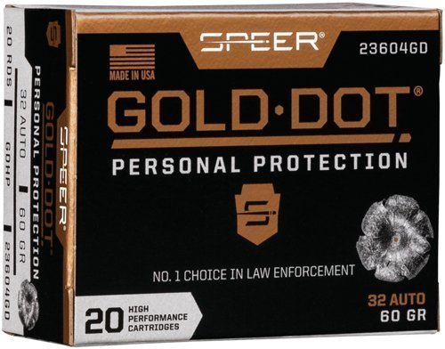 Speer Gold Dot 32 ACP 60-grain Jacketed Hollow Point ammunition