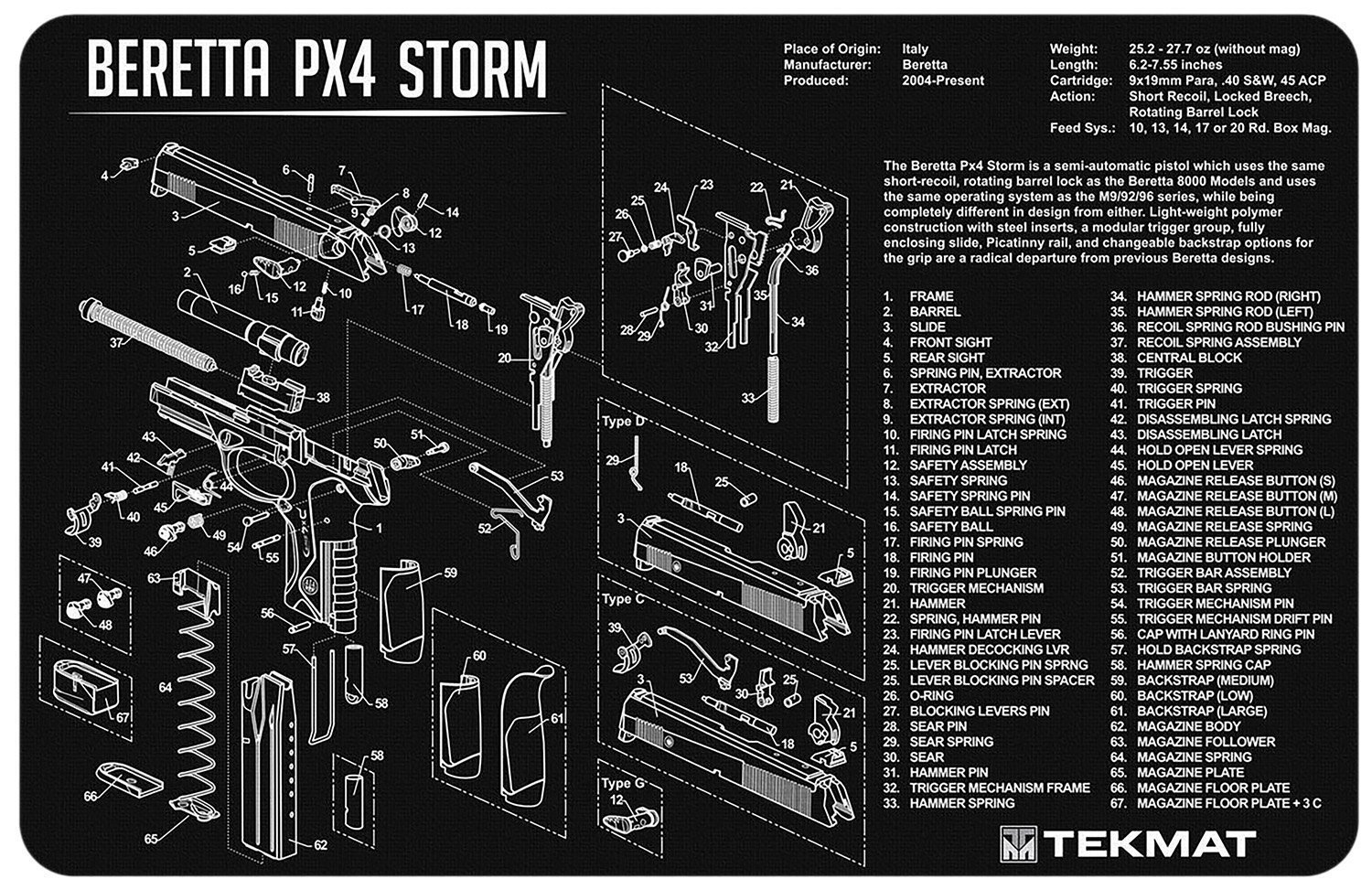 TekMat TEKR17BERPX4 Beretta Px4 Storm Cleaning Mat Black/White Rubber 11" x 17"