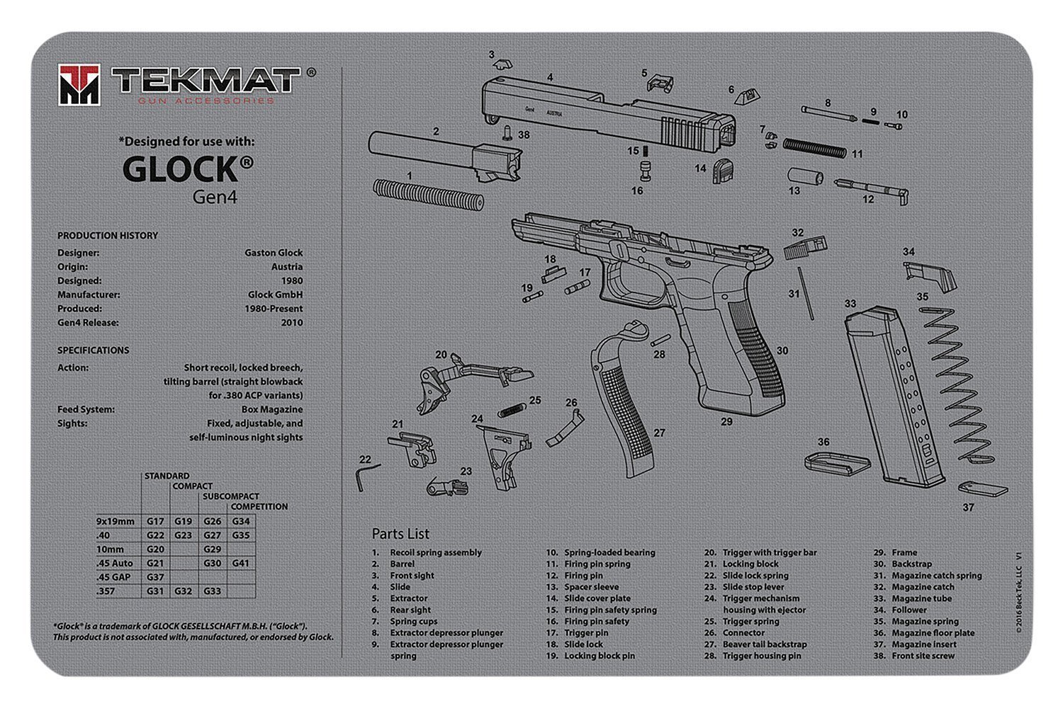 TekMat TEKR17GLOCKG4GY Glock Gen 4 Cleaning Mat Gray Rubber 11" x 17"