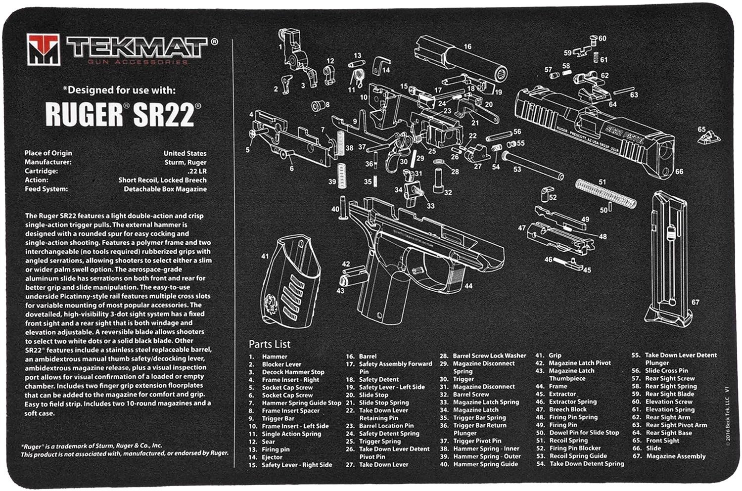TekMat TEKR17RUGERSR22 Ruger SR22 Cleaning Mat Black/White Rubber 11" x 17"