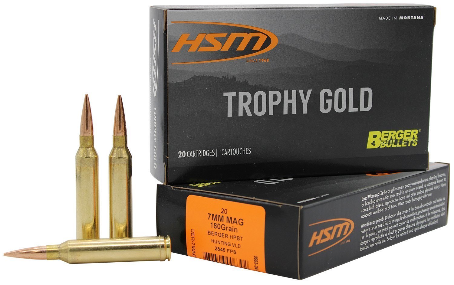 HSM Trophy Gold 7mm Remington Magnum 180-grain Berger VLD JHP ammunition