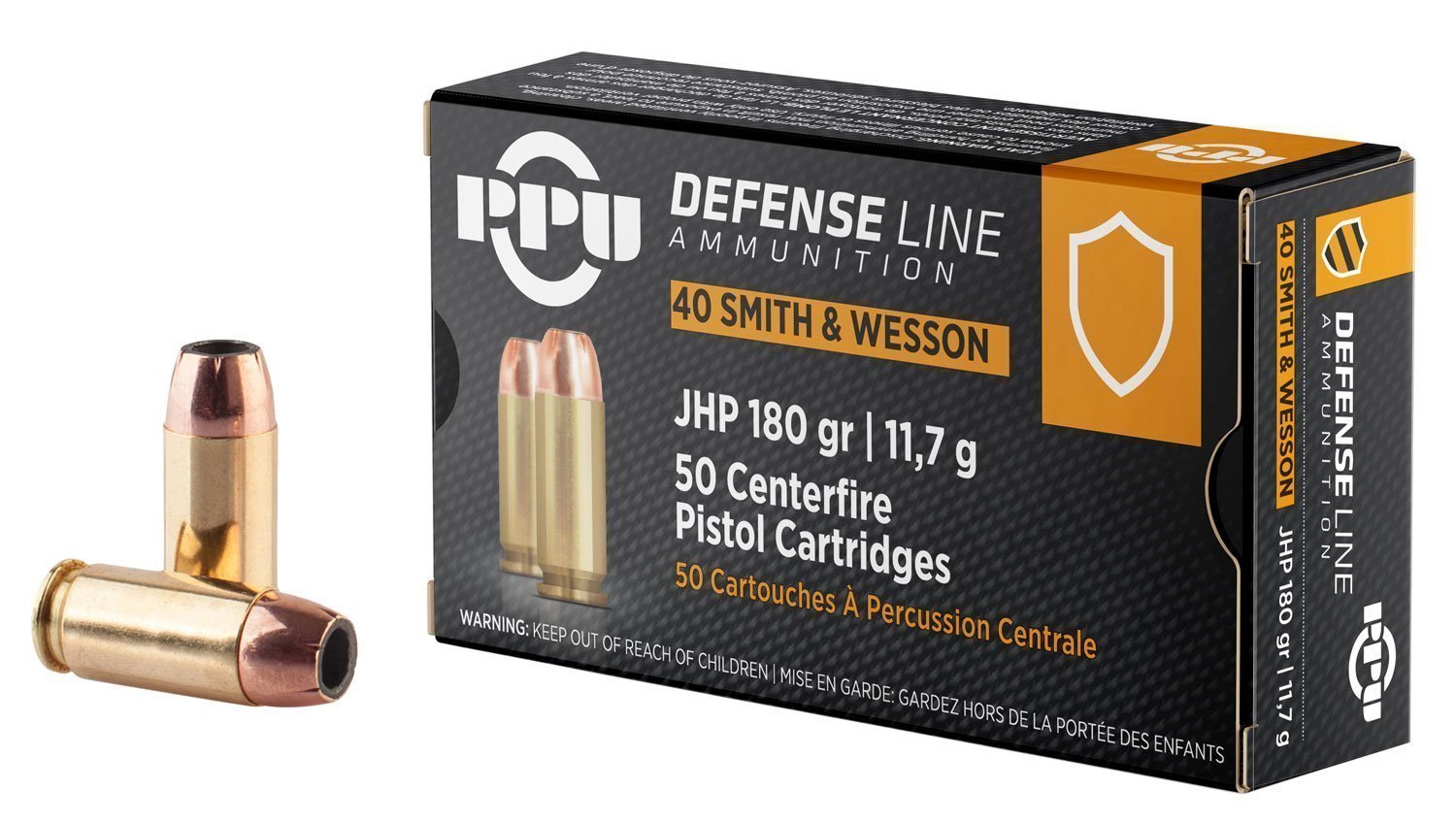 PPU PPD40 Defense .40 S&W 180-grain Jacketed Hollow Point ammunition box