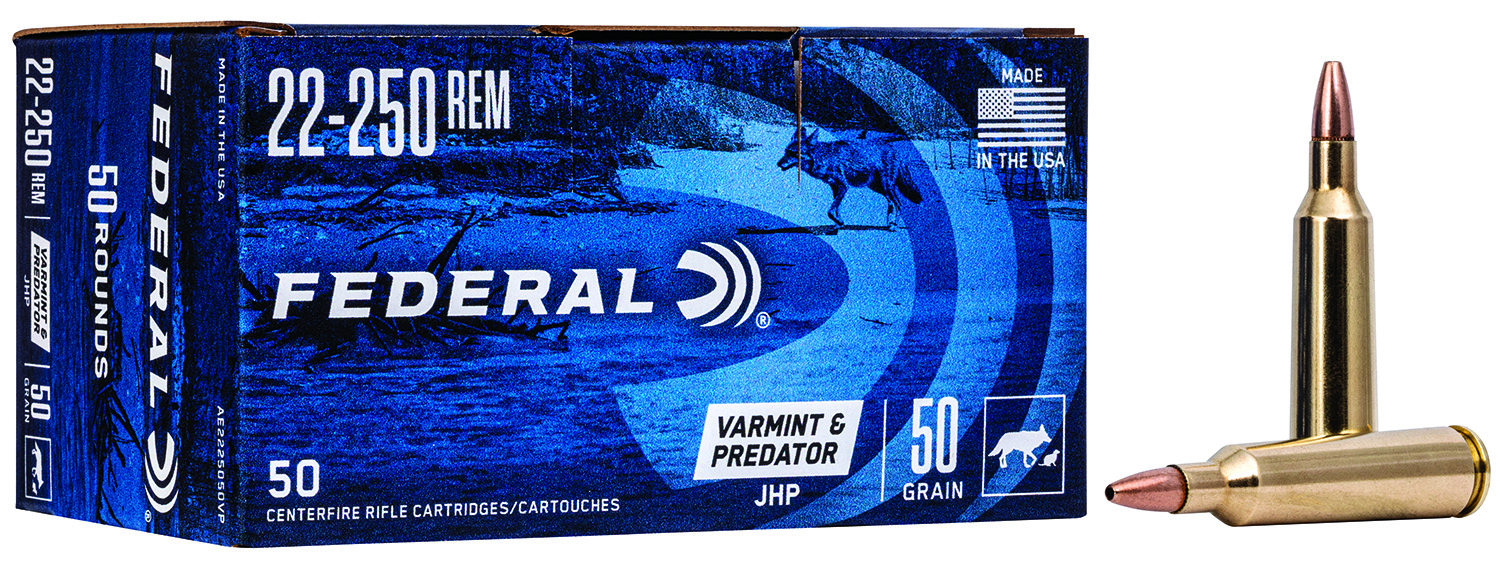 Federal American Eagle Varmint & Predator .22-250 Remington Jacketed Hollow Point ammunition 50 ct