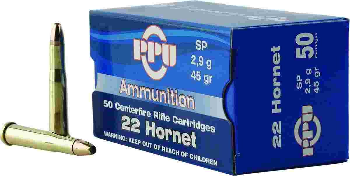 PPU PP22H .22 Hornet 45-grain Soft Point ammunition box