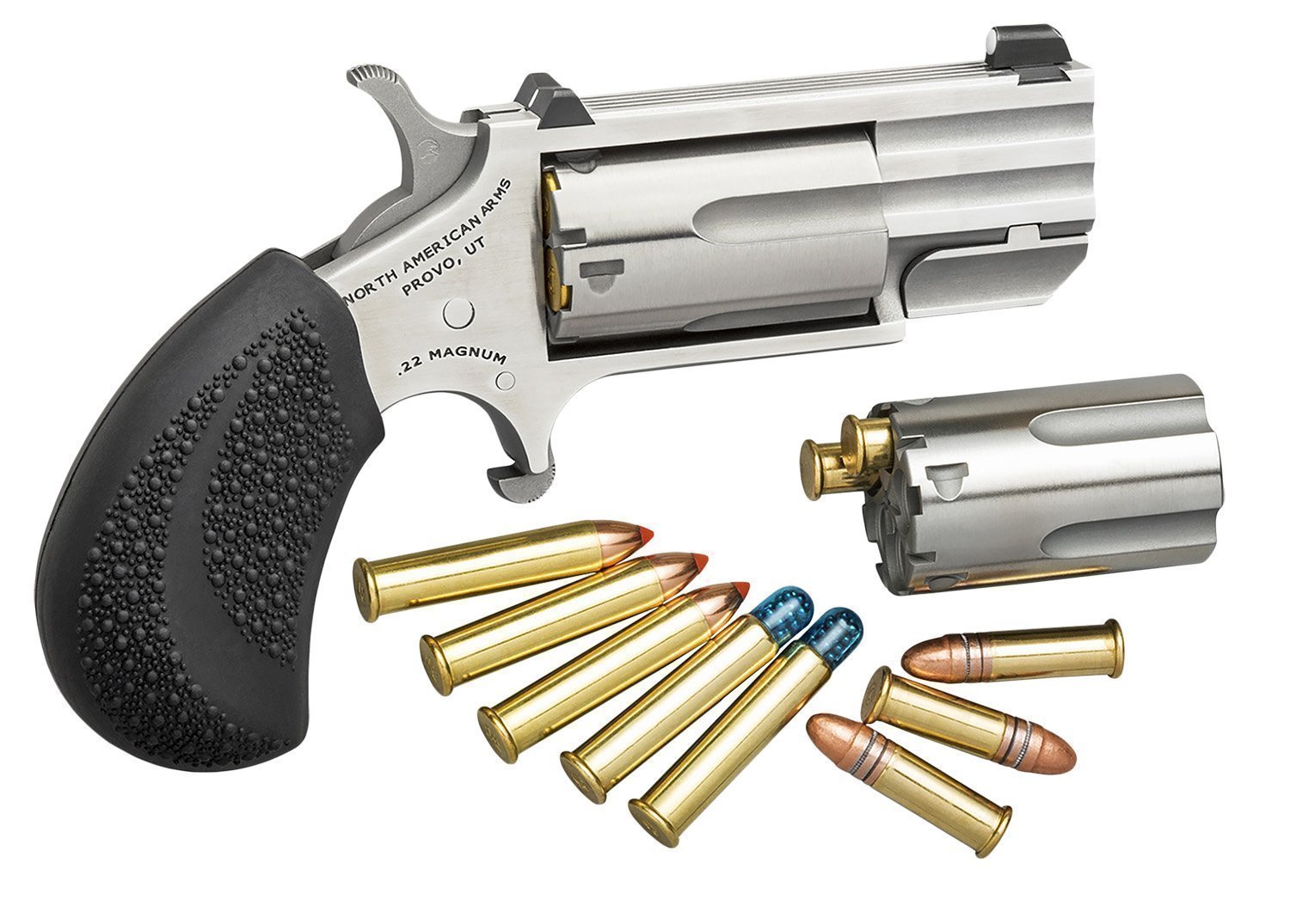 North American Arms PUGDC Pug Conversion 22 LR/22 WMR 5 Shot 1" Stainless Steel Barrel, Stainless Steel Frame, Stainless Cylinder, Black Rubber Grip, Exposed Hammer, XS White Dot Sight