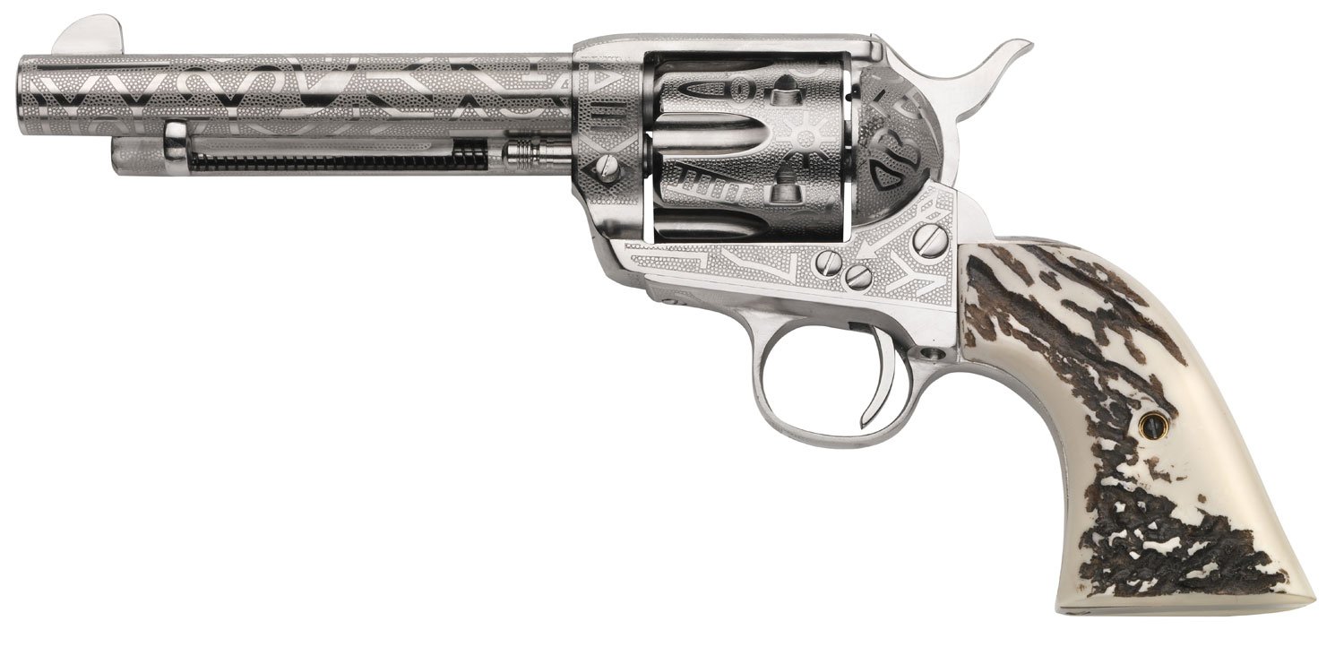 Taylors & Company OG1407 1873 Cattle Brand 357 Mag 6rd 5.50" Nickel Engraved Imitation Stag Grip