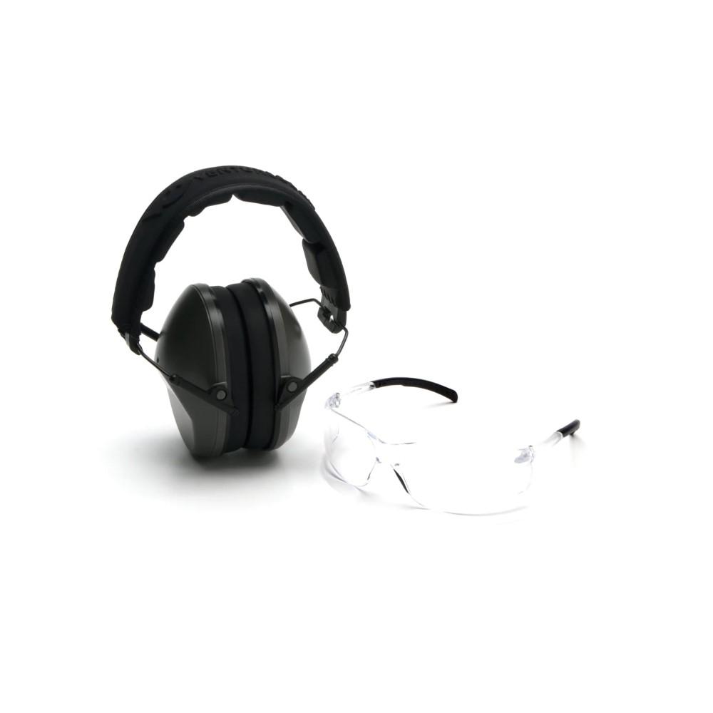 Pyramex Low-Profile Combo Kit Clear Shooting Glasses and Passive Earmuff 24dB OD Green