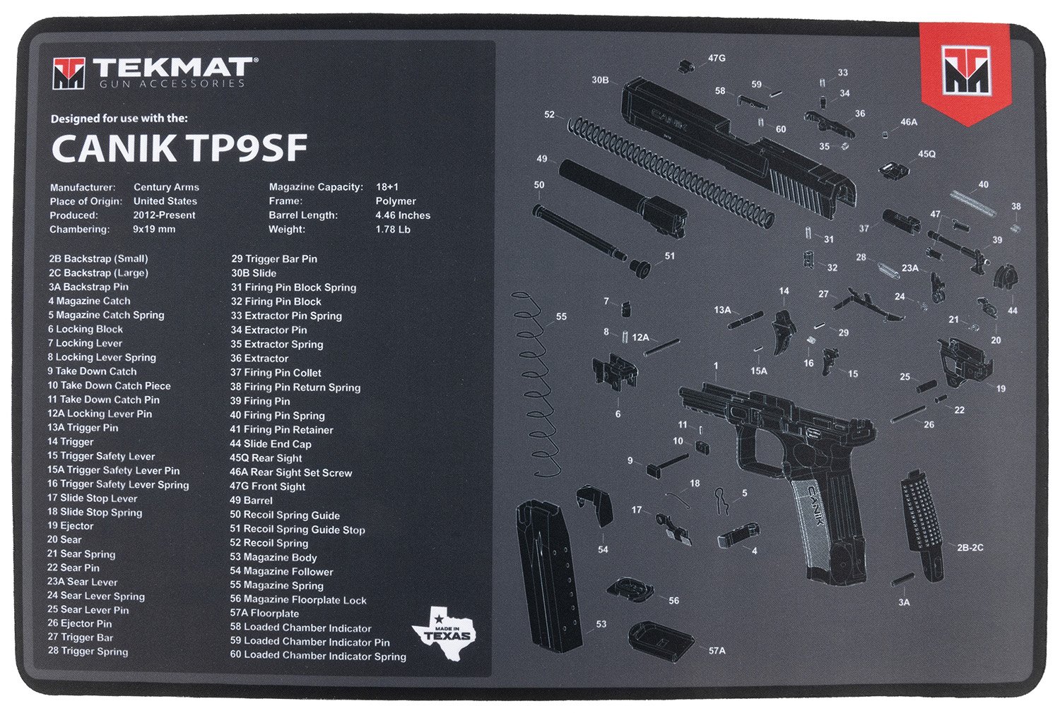 TekMat TEKR17CANIKTP9SF  Cleaning Mat Black/Gray Rubber 11"x17" Canik TP9SF Diagram