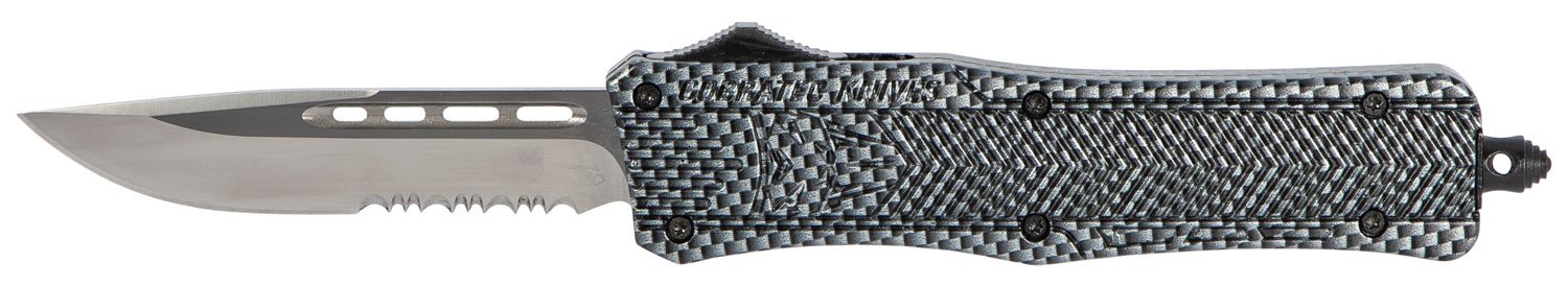 CobraTec Knives MSCFTK1MDS CTK-1  Medium 3" OTF Drop Point Part Serrated D2 Steel Blade/ Carbon Fiber Aluminum Handle Features Glass Breaker Includes Pocket Clip