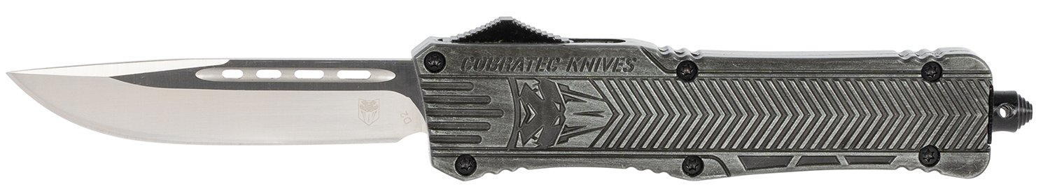 CobraTec Knives LSWCTK1LDNS CTK-1  Large 3.75" OTF Drop Point Plain D2 Steel Blade/ Stonewashed Aluminum Handle Features Glass Breaker Includes Pocket Clip