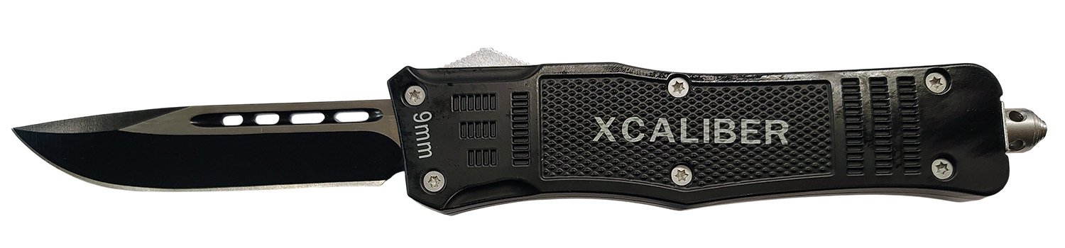 Xcaliber Knife Company  9mm  Large 3.80" OTF Drop Point Black 440C SS Blade, 5.30" Steel Handle