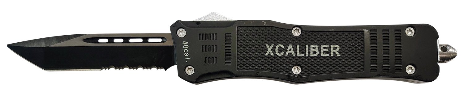 Xcaliber Knife Company  40 Cal  Large 3.80" OTF Tanto Part Serrated Black 440C SS Blade, 5.30" Steel Handle