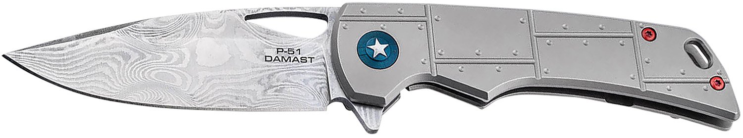 Boker 01BO910DAM P-51 Damast  3.35" Drop Point Plain Silver Acid Etch Damascus Blade Titanium Handle