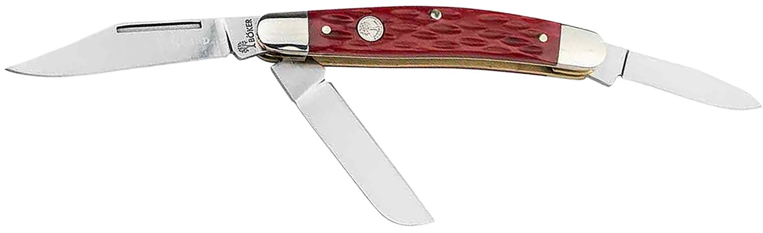 Boker 110855 Stockman Traditional Medium Clip Point/Sheepsfoot/Spey Plain D2 Steel Blade Red Jigged Bone Handle