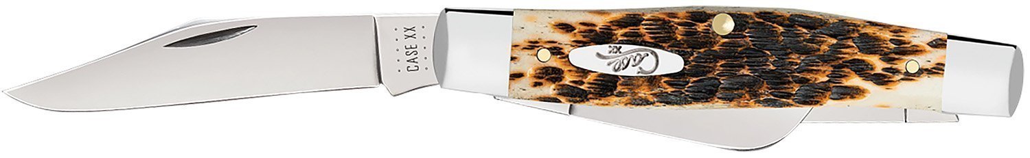 Case 00204 Stockman  Large 3.30"/2.30"/2.20" Folding Clip Point/Pen/Sheepsfoot Plain Mirror Polished Carbon Steel Blade, Peach Seed Jigged Amber Bone Handle