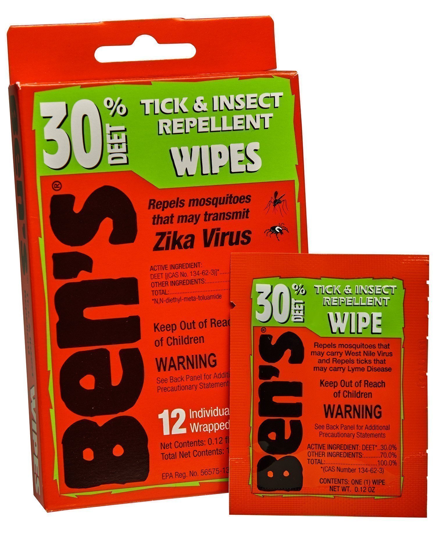 Ben's 00067085 30  Odorless Scent Wipes Repels Ticks & Biting Insects 12