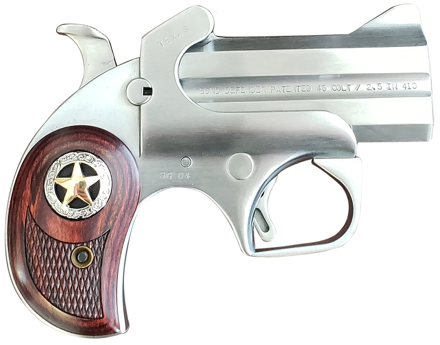 Bond Arms BARD Rustic Defender  Sports South Exclusive 45 Colt (LC) Caliber or 2.50" 410 Gauge 2rd 3" Barrel, Stainless Steel Finish, Rosewood Grip w/Integrated Star, Includes Exclusive Holster Packag