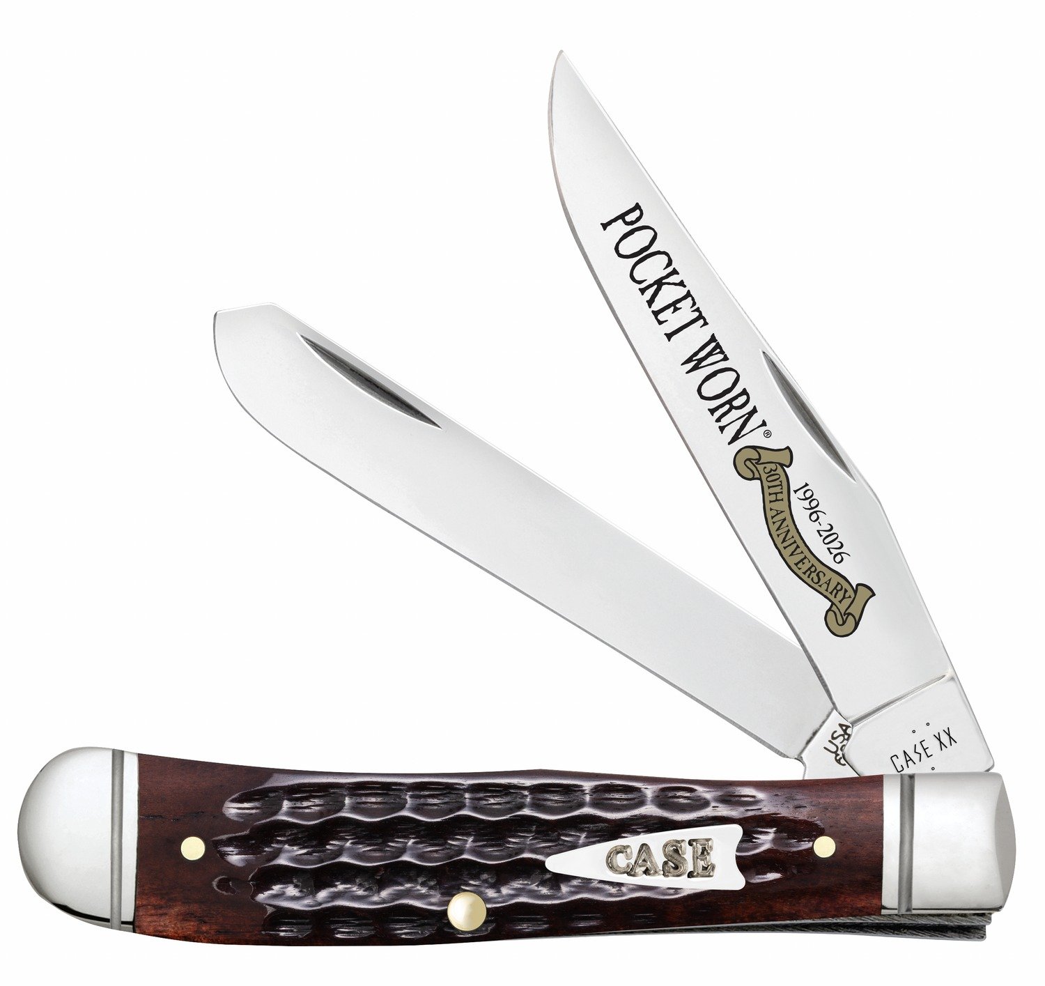 Case 55231 Pocket Worn Trapper Mini Folding 2.75" Clip Point & Spey Plain Mirror Polished Tru-Sharp SS Blades, Corn Cob Jigged Mahogany Bone Handle