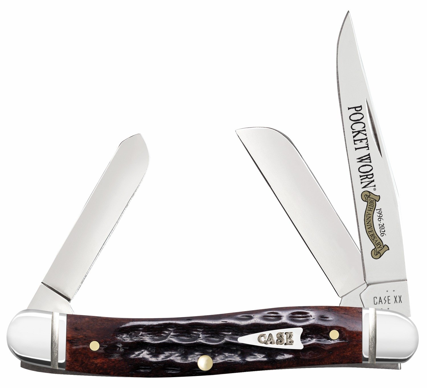 Case 55232 Pocket Worn Stockman Medium Folding Clip Point/Pen/Sheepsfoot Plain Tru-Sharp SS Blade, Mahogany Corn Cob Jigged Bone Handle