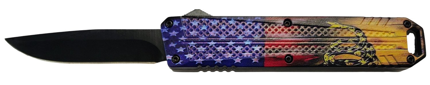 Xcaliber Knife Company  Don't Tread on Me  Medium 3.20" OTF Drop Point Plain Black 440C SS Blade, 4.80" US Flag Aluminum Handle