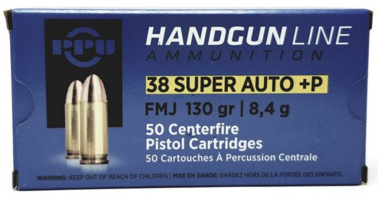 PPU .38 SUPER AUTO FMJ 130GR+P 50RD BOX 10 BOXES PER CASE