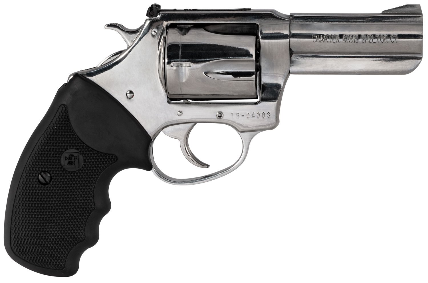 Charter Arms 73539 Mag Pug  Large 357 Mag, 5 Shot 3" High Polished Stainless Steel Barrel, Cylinder & Frame w/Black Finger Grooved Rubber Grip