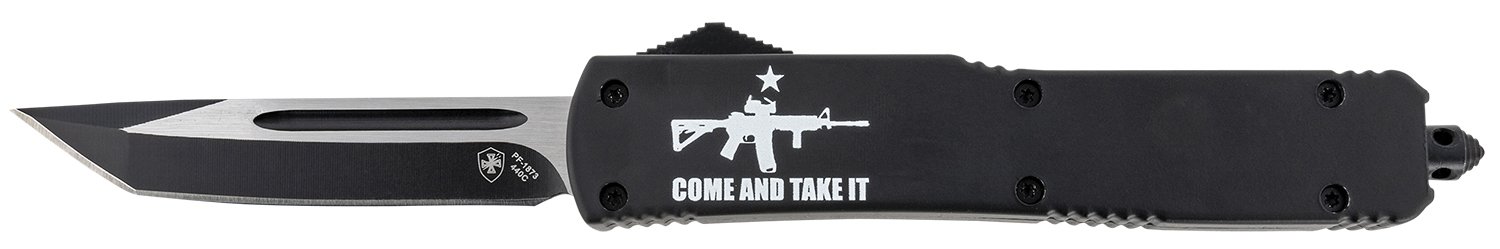 Templar Knife MAR15231 Gen II Come And Take It Slim 3.43" OTF Tanto Plain Black Oxide Stonewashed 440C SS Blade, 5.05" Black w/ "Come And Take It" AR-15 Gun Aluminum Handle, Glass Breaker