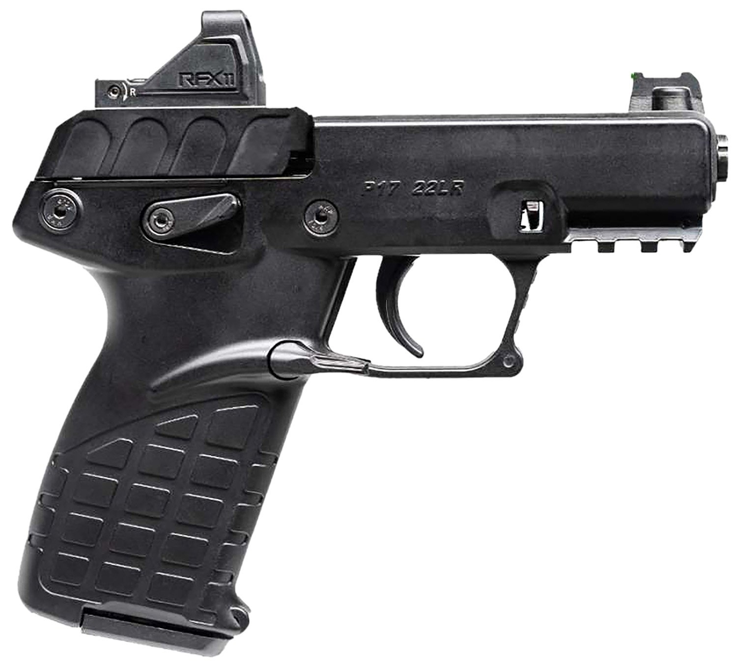 Kel-Tec P17BBLKOPTIC P17  Compact Frame 22 LR 16+1 3.80" Black Steel Barrel, Black Serrated Steel Slide, Black Polymer Frame w/Picatinny Rail, Textured Grip, Viridian RFX-11 Green Dot, Ambidextrous