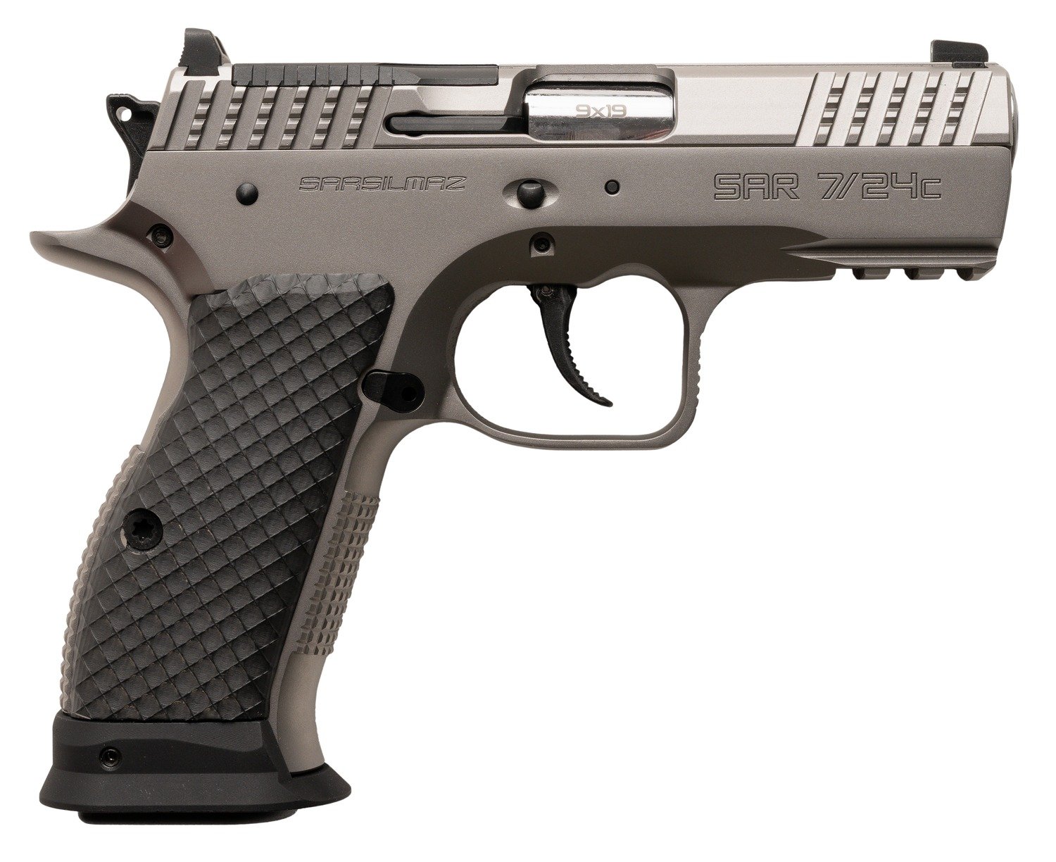 Sarsilmaz SAR7/24C 7/24  Compact 9mm Luger 17+1 Matte Stainless Steel Frame w/Beavertail & Picatinny Rail, Black Polymer Grip