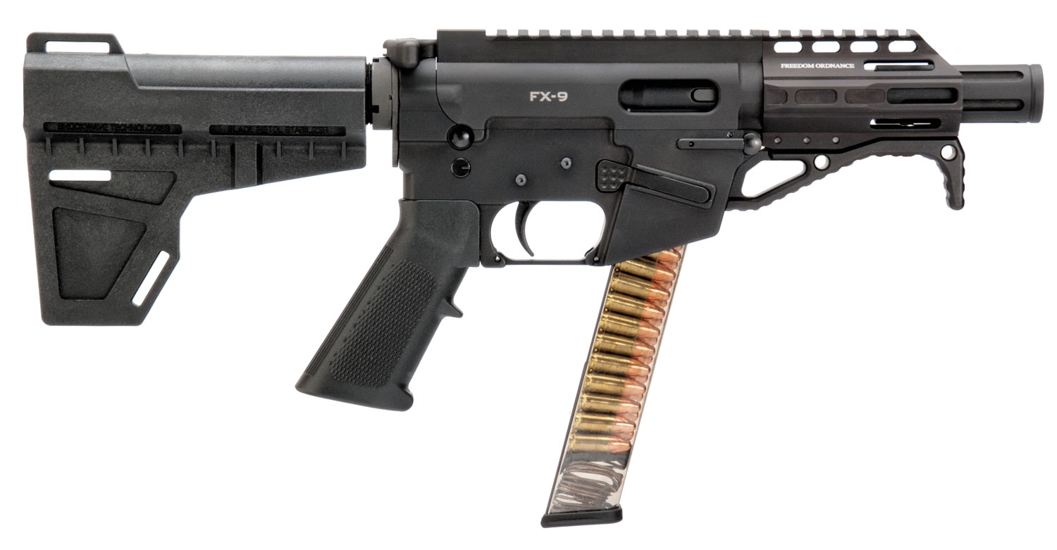 Freedom Ordnance FX9P4 FX-9  9mm Luger 31+1 4.50" Black Nitride Chromoly Steel Barrel Black Hard Coat Anodized Black KAK Shockwave Pistol Brace Black Polymer Grips Right Hand