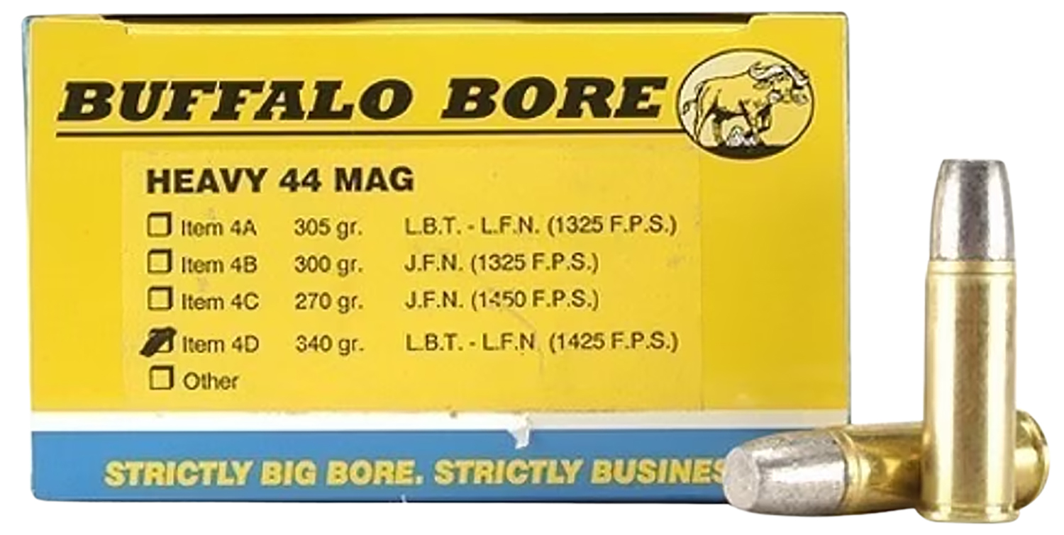 Buffalo Bore Ammunition 4D20 Heavy Strictly Business 44Rem Mag +P+ 340gr Lead Flat Nose 20 Per Box/12 Case