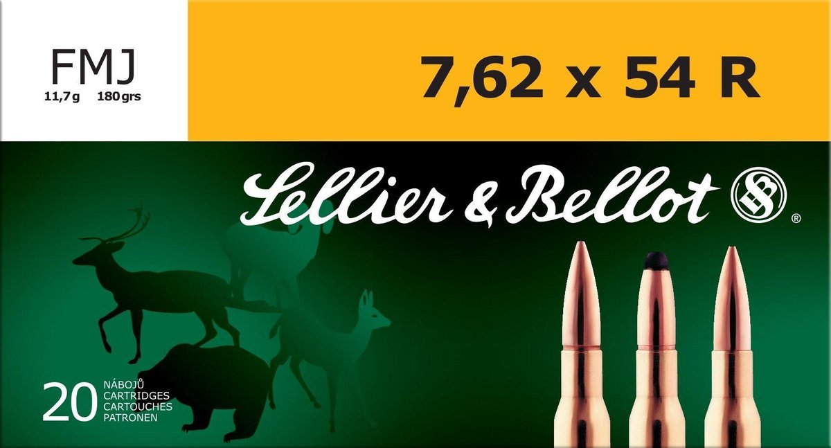 Sellier & Bellot Rifle Ammunition 7.62x54R 180 gr 2580 fps FMJ 20/ct