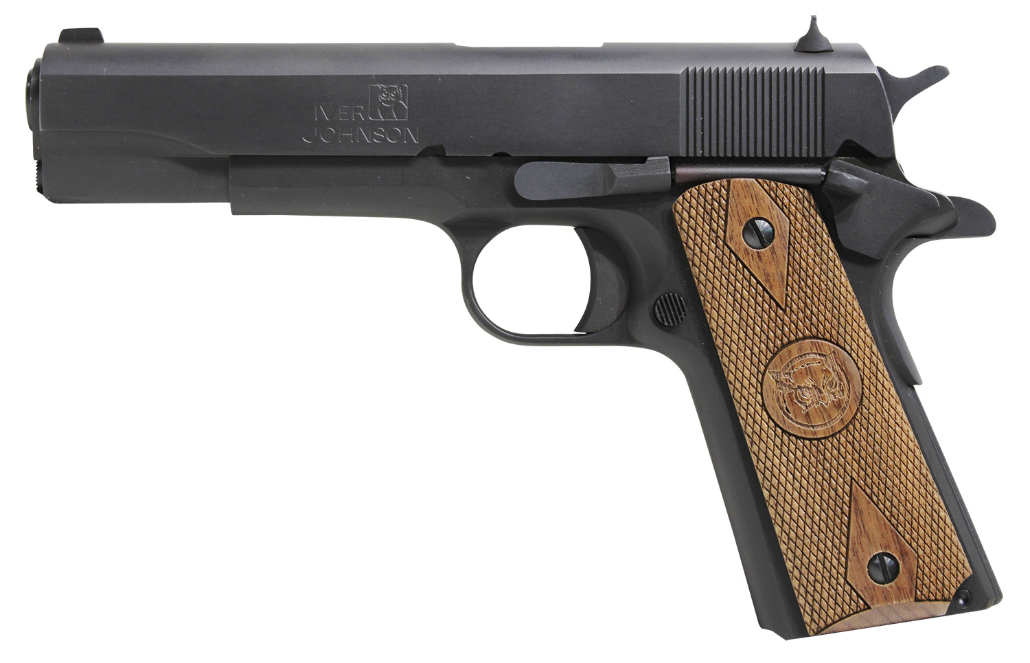 Iver Johnson Arms 1911A1938 1911 A1  38 Super 9+1 5" Black Steel Barrel, Matte Blued Serrated Steel Slide & Frame w/Beavertail, Double Diamond Checkered Walnut Grip