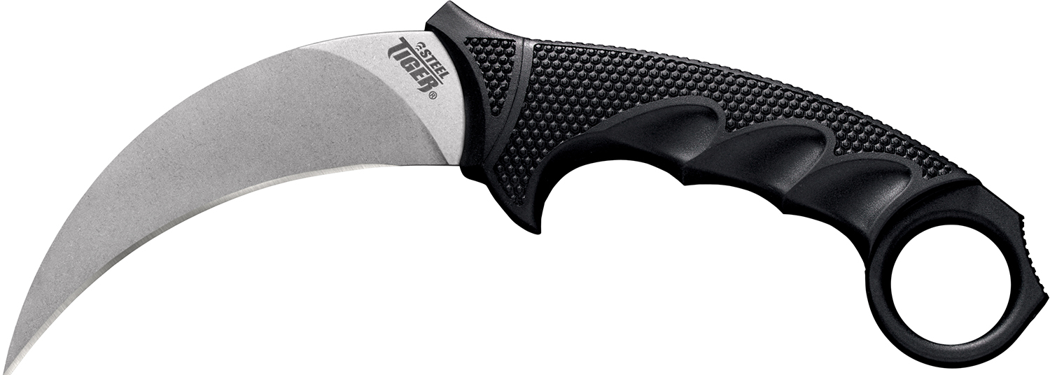 Cold Steel CS49KST Steel Tiger 4.75" Fixed Plain Stone Washed Japanese AUS-8A SS Blade/Black w/Thumb Shelf & Finger Ring Griv-Ex w/Overmold Kray-Ex Handle